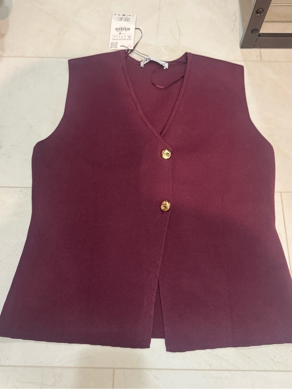 Zara Sleeveless Knit Vest in Deep Wine with Gold Buttons